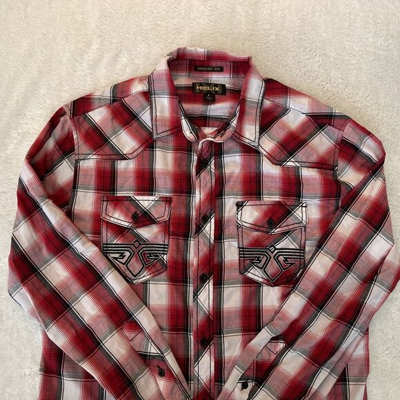Helix Men's Button Down Long Sleeve Athletic Fit Shirt Plaid Red Large Western - Picture 1 of 8
